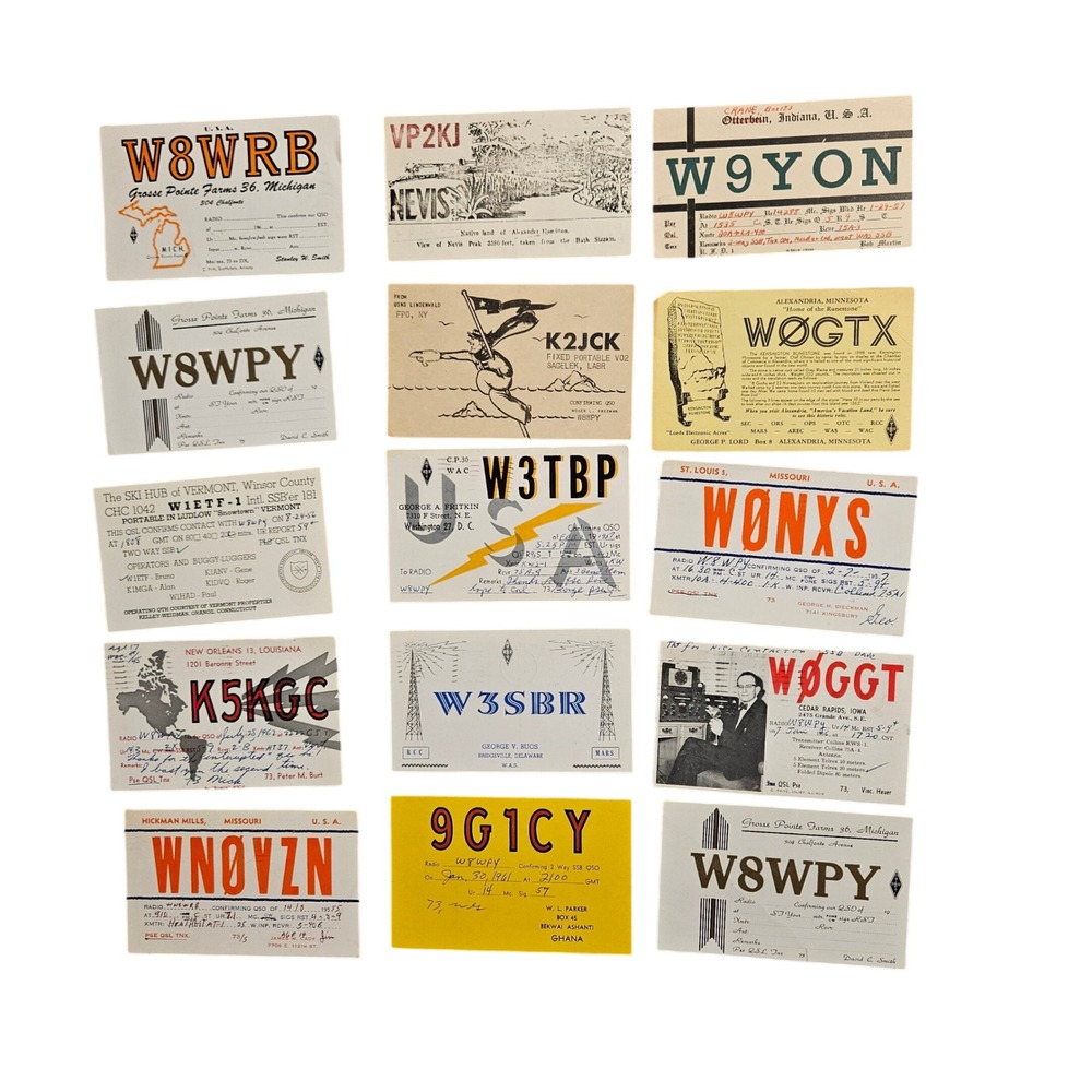 15 Vintage 50s 60s Ham Amateur Radio QSL Cards Indiana, Iowa, Missouri, Vermont